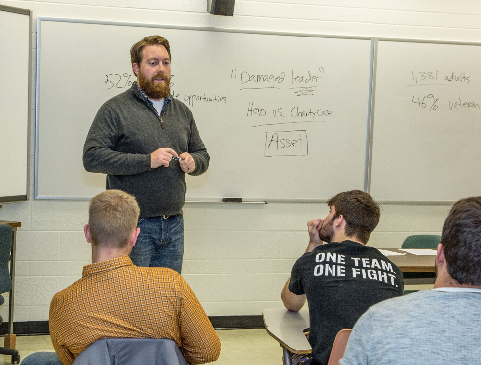 David Chrisinger teaching his seminar to new student veterans at the University of Wisconsin-Stevens Point, November 2014